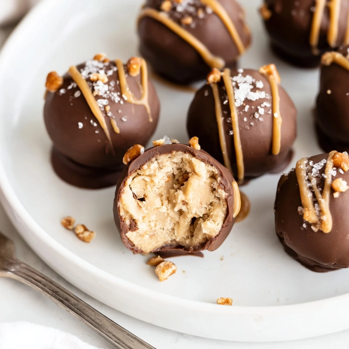 Salted Caramel Pretzel Cheesecake Balls dipped in glossy chocolate with caramel drizzle on parchment paper