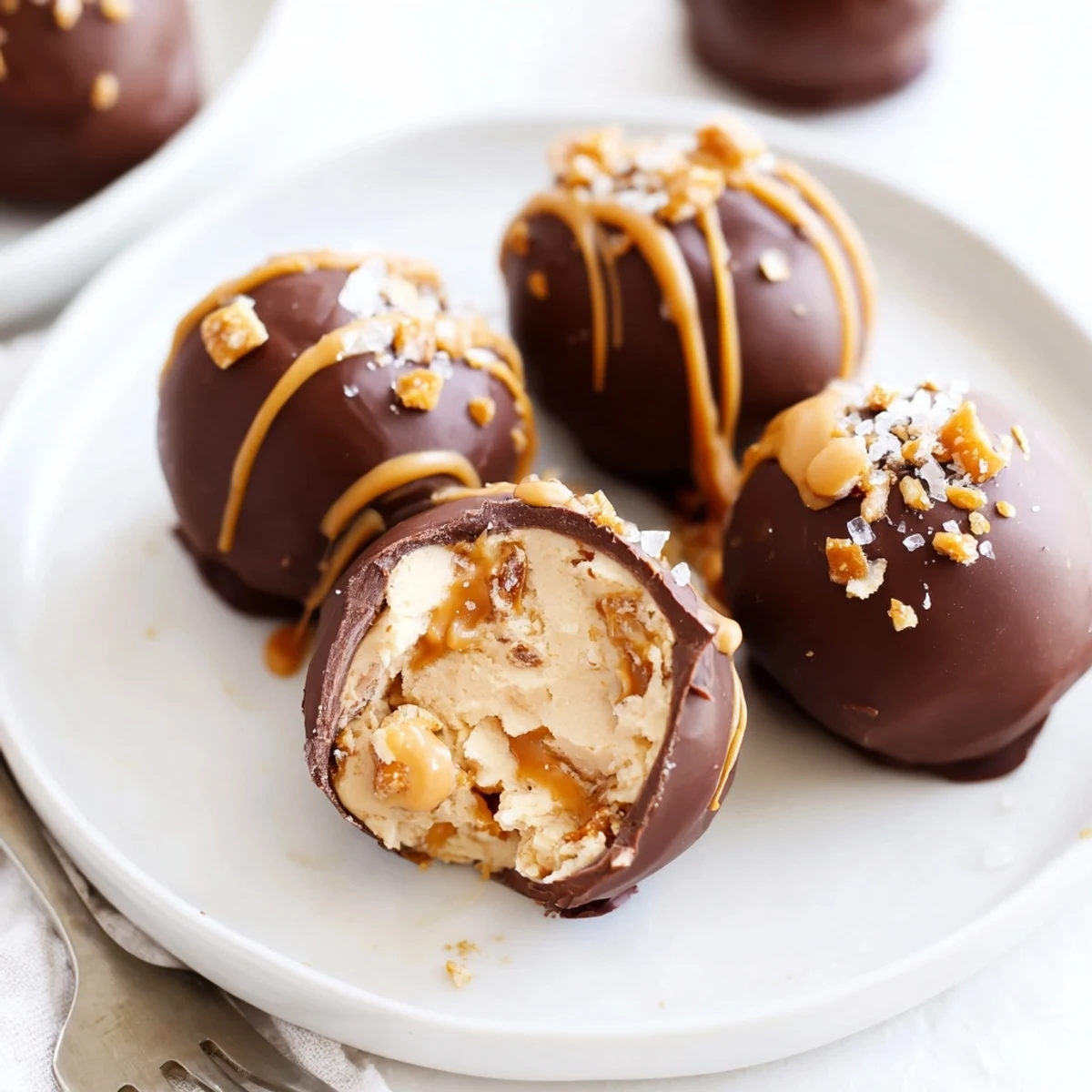 Creamy Salted Caramel Pretzel Cheesecake Balls coated in rich semi-sweet chocolate and sprinkled with sea salt