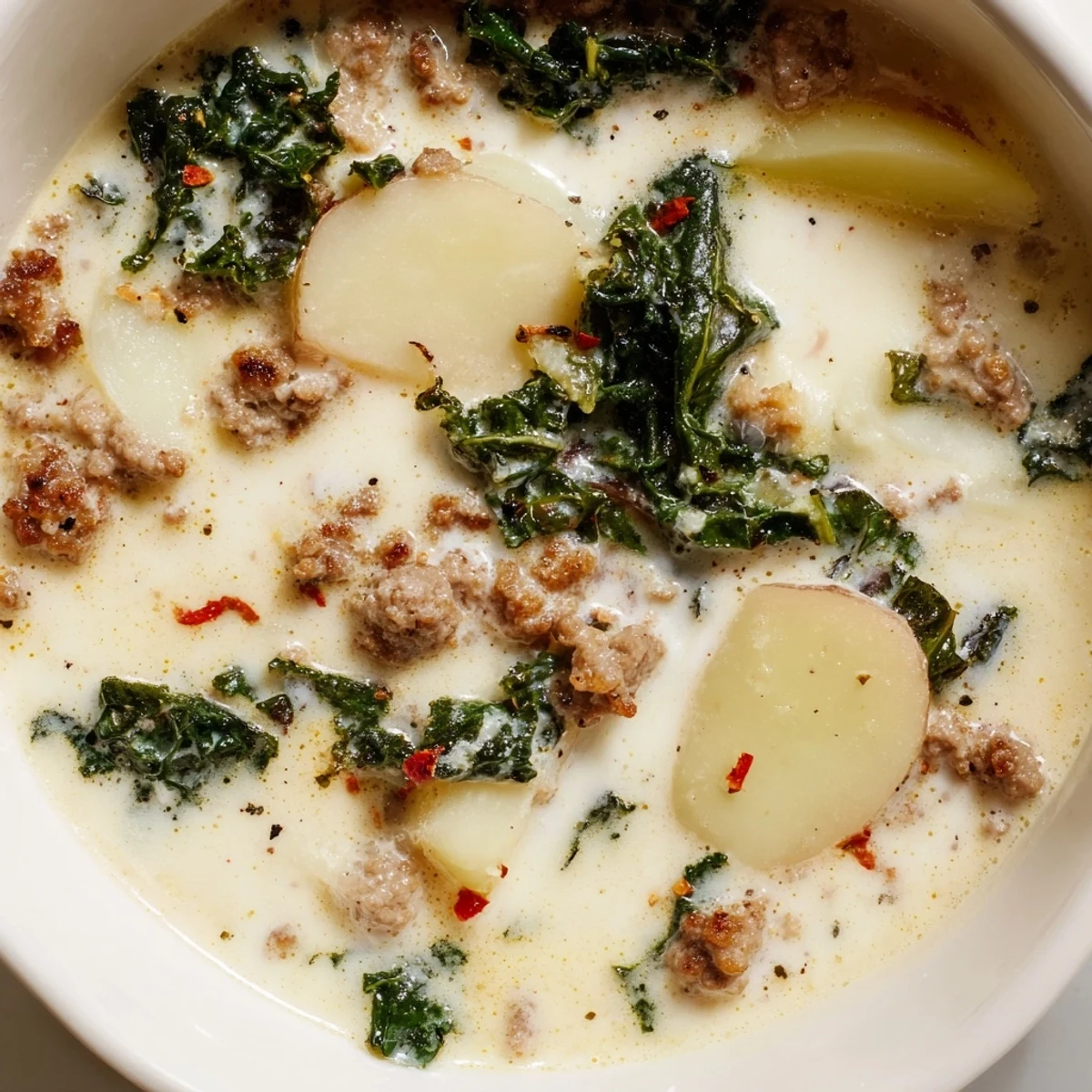 Creamy Zuppa Toscana soup with crumbled sausage, tender potatoes, and fresh kale