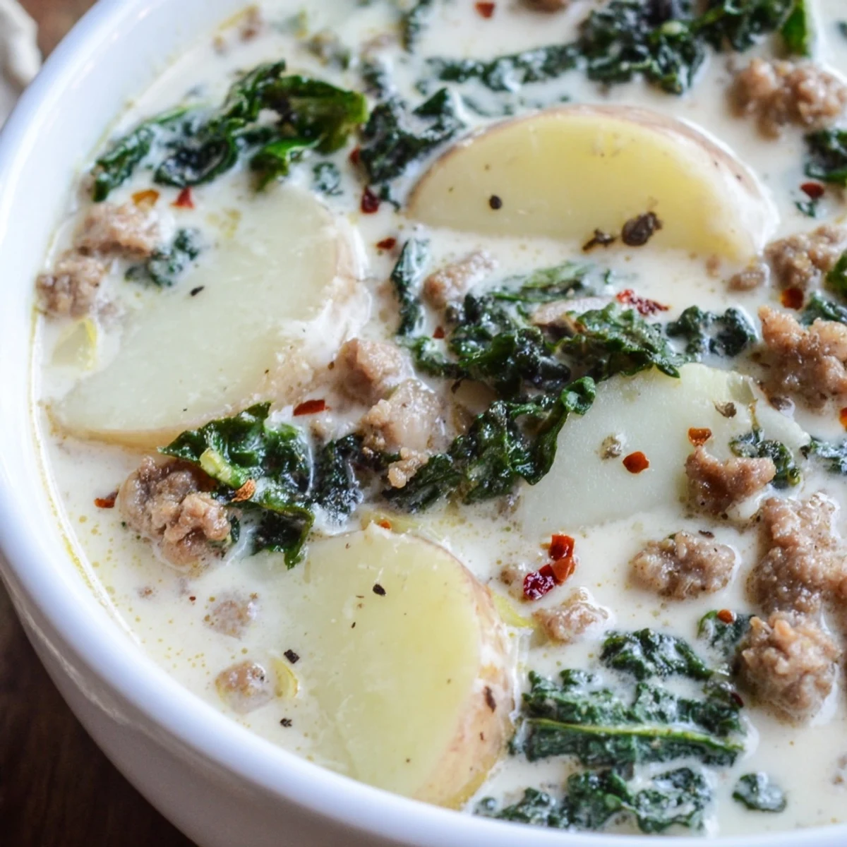 Steaming bowl of Zuppa Toscana soup ladled over sliced potatoes and wilted kale