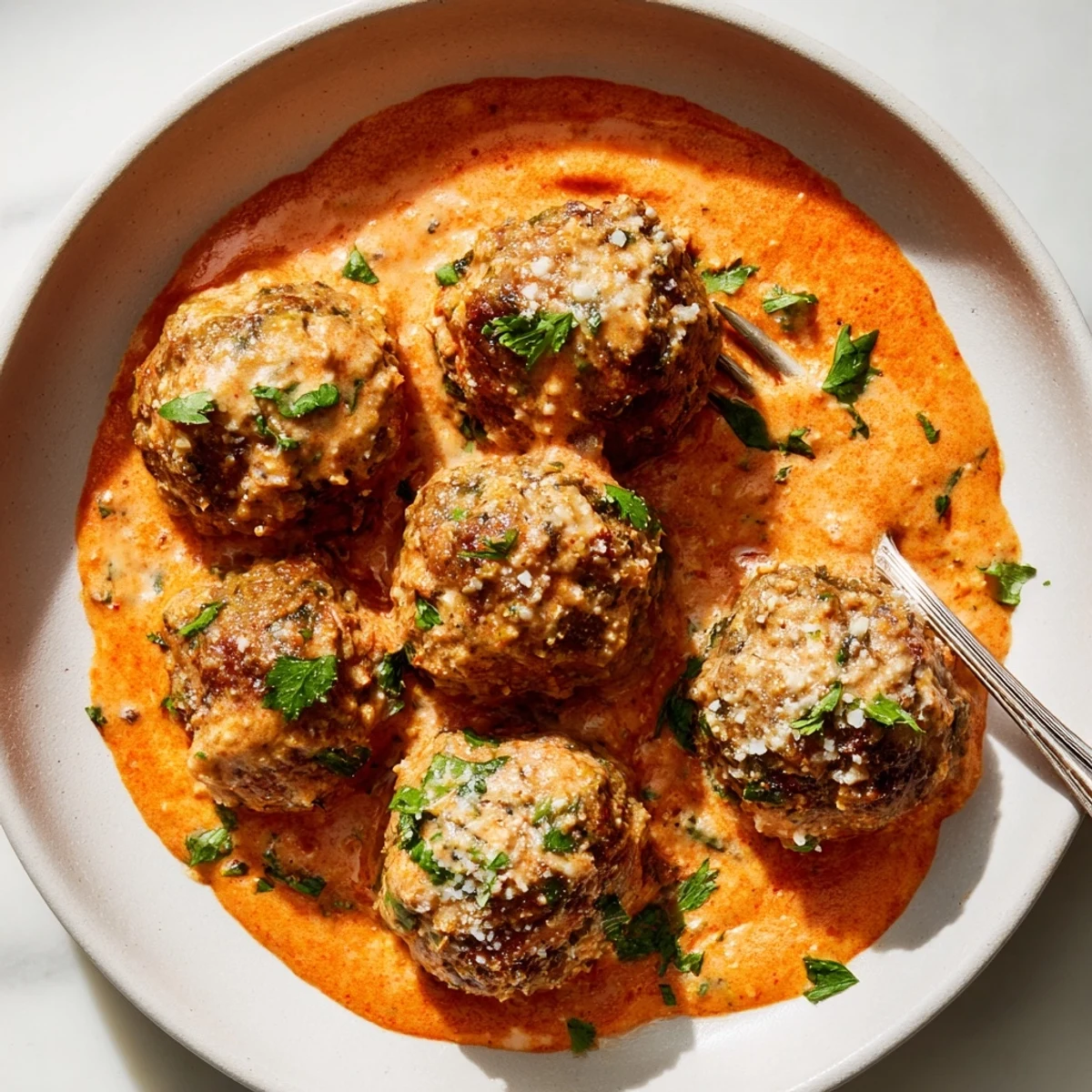 Golden creamy tomato basil meatballs served in a velvety red sauce with fresh herb garnish