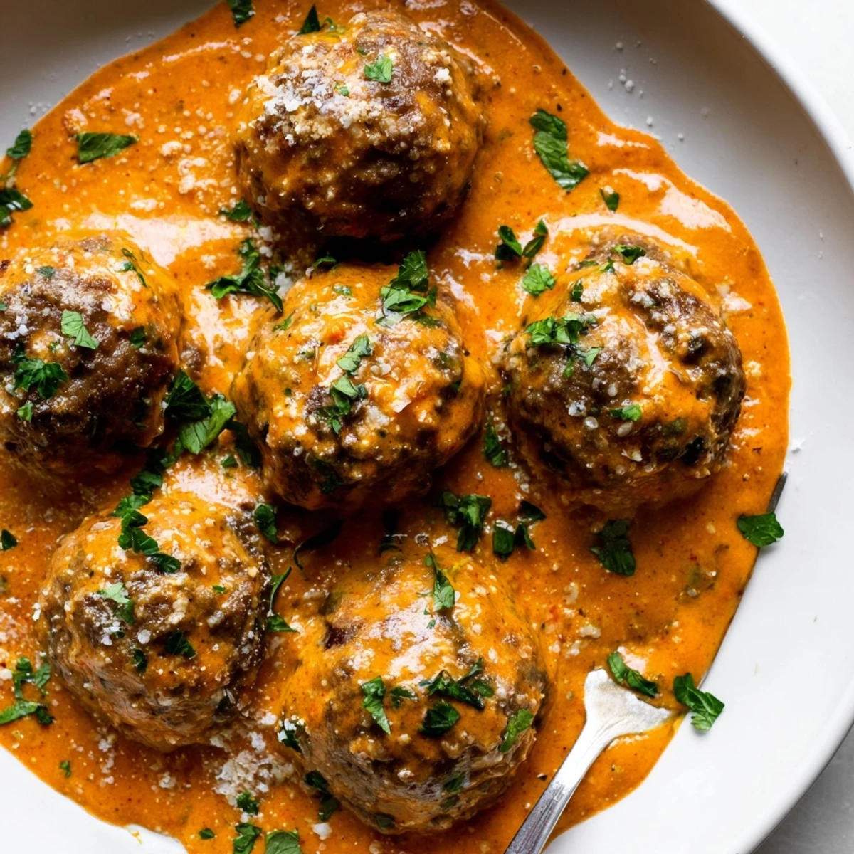 Creamy tomato basil meatballs draped in luscious sauce over a bed of crusty bread