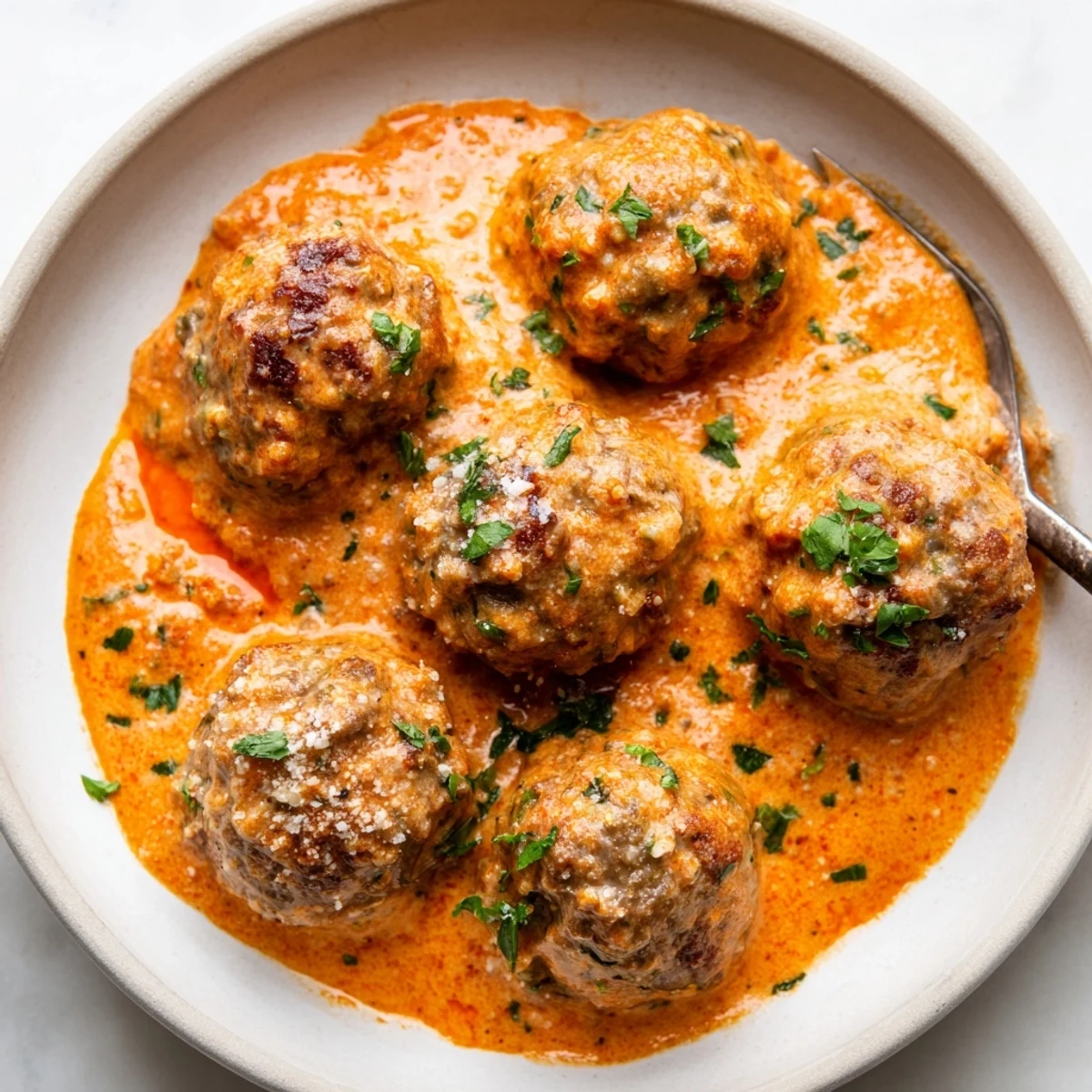 Tender creamy tomato basil meatballs nestled in a rich, bubbling tomato cream sauce