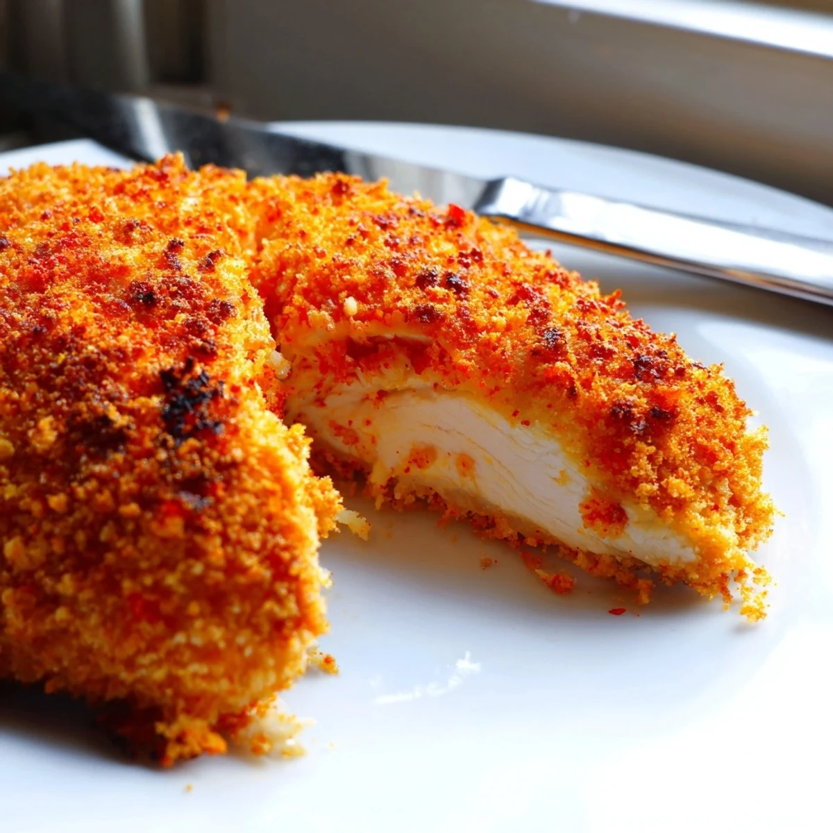 Crispy golden Paprika Parmesan Chicken fresh from the oven on a rustic plate