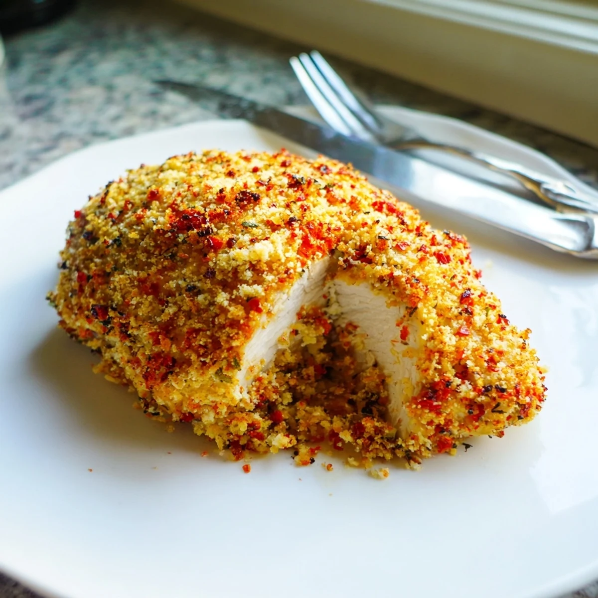 Close-up of Paprika Parmesan Chicken sliced open revealing tender meat and crispy coating