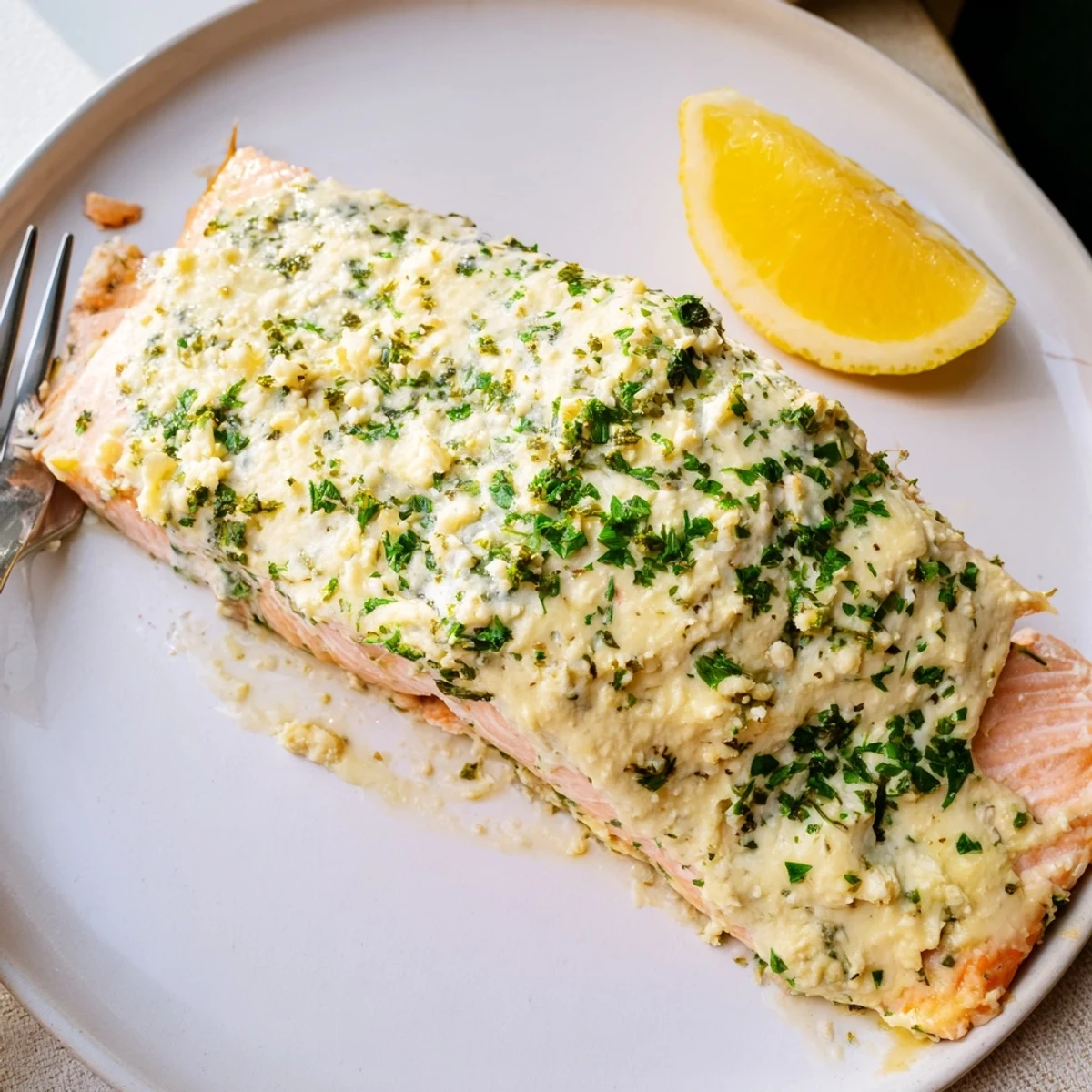 Golden baked Boursin salmon fillets garnished with fresh parsley and bright lemon wedges