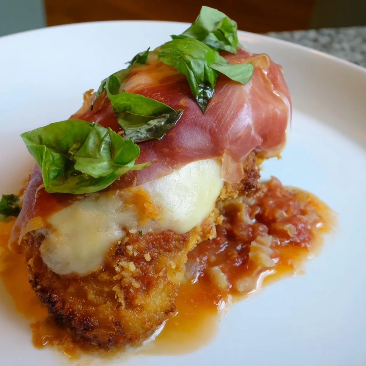 Golden Chicken Valdostana topped with melted Fontina and crispy prosciutto in rustic tomato sauce