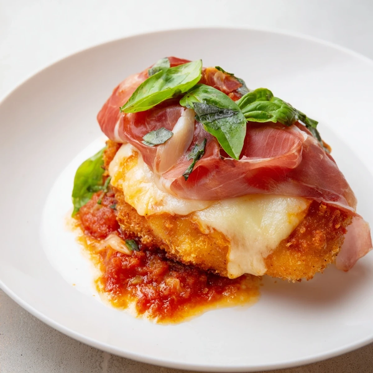Creamy baked Chicken Valdostana with bubbly cheese and savory ham over a light wine sauce