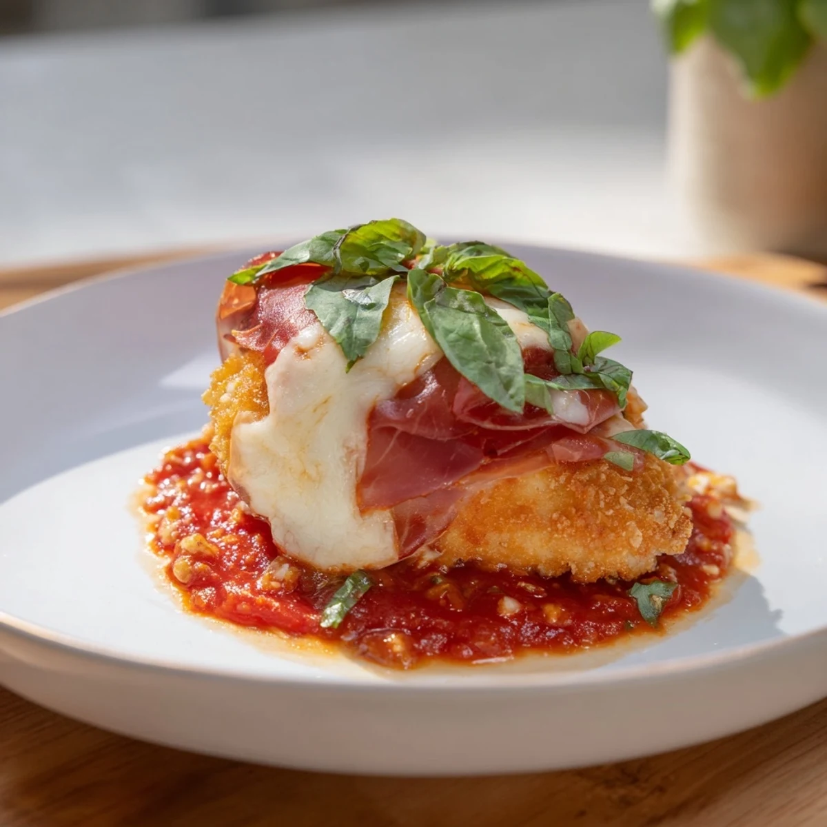 Breaded Chicken Valdostana draped in melted cheese and prosciutto, garnished with fresh green basil