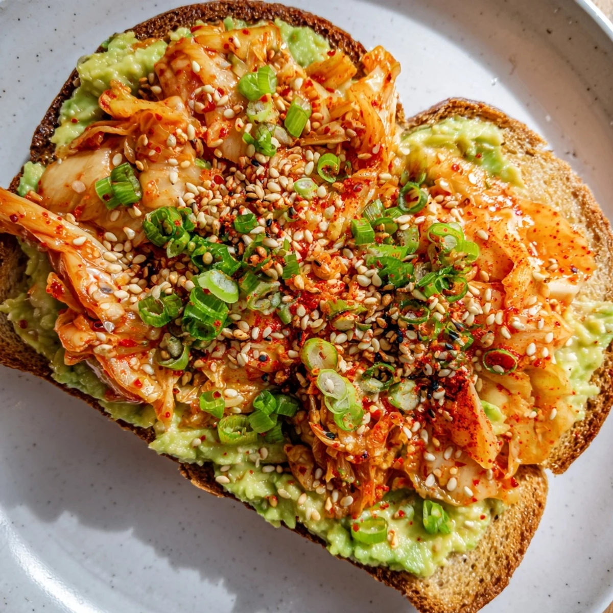 Crispy sourdough kimchi avocado toast topped with sesame seeds and green onions