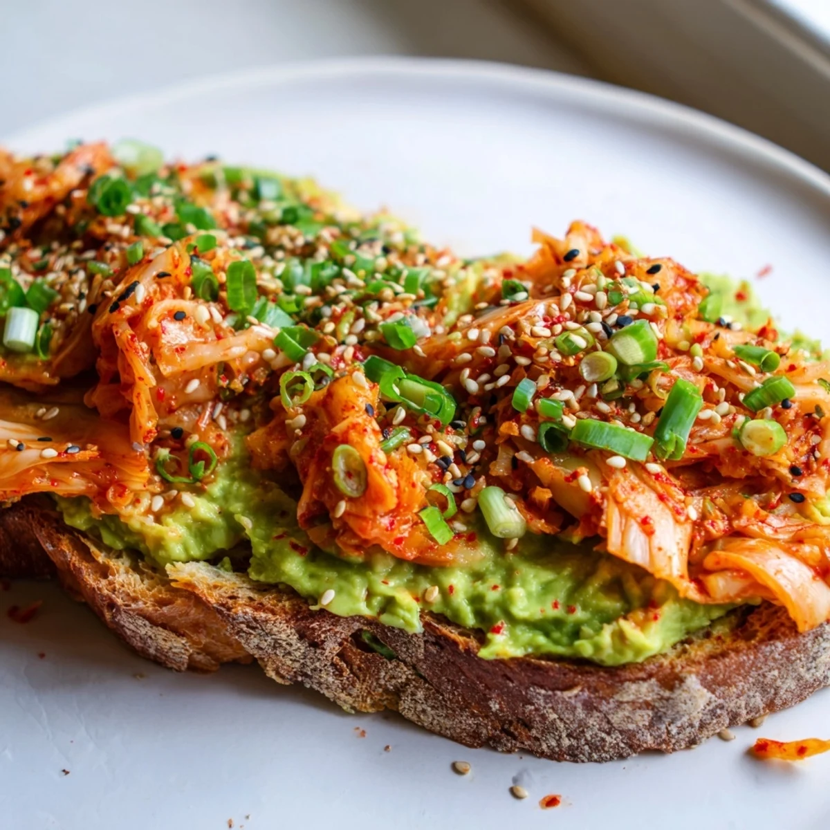 Vibrant kimchi avocado toast garnished with red pepper flakes on a rustic plate