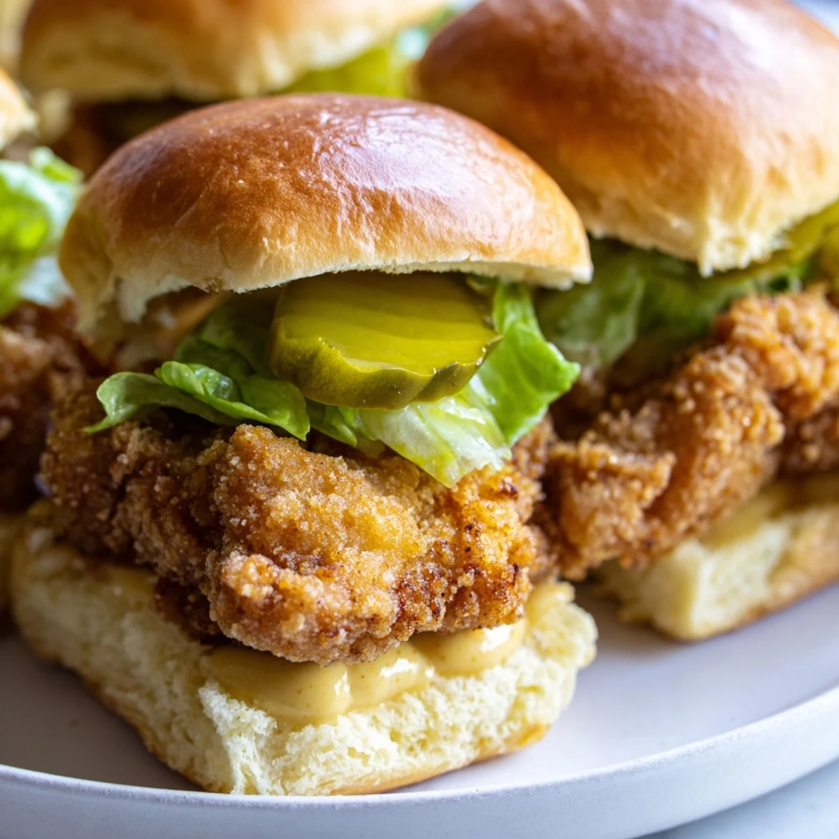 Golden crispy Pickle Brined Fried Chicken Sliders stacked on soft buns with pickles