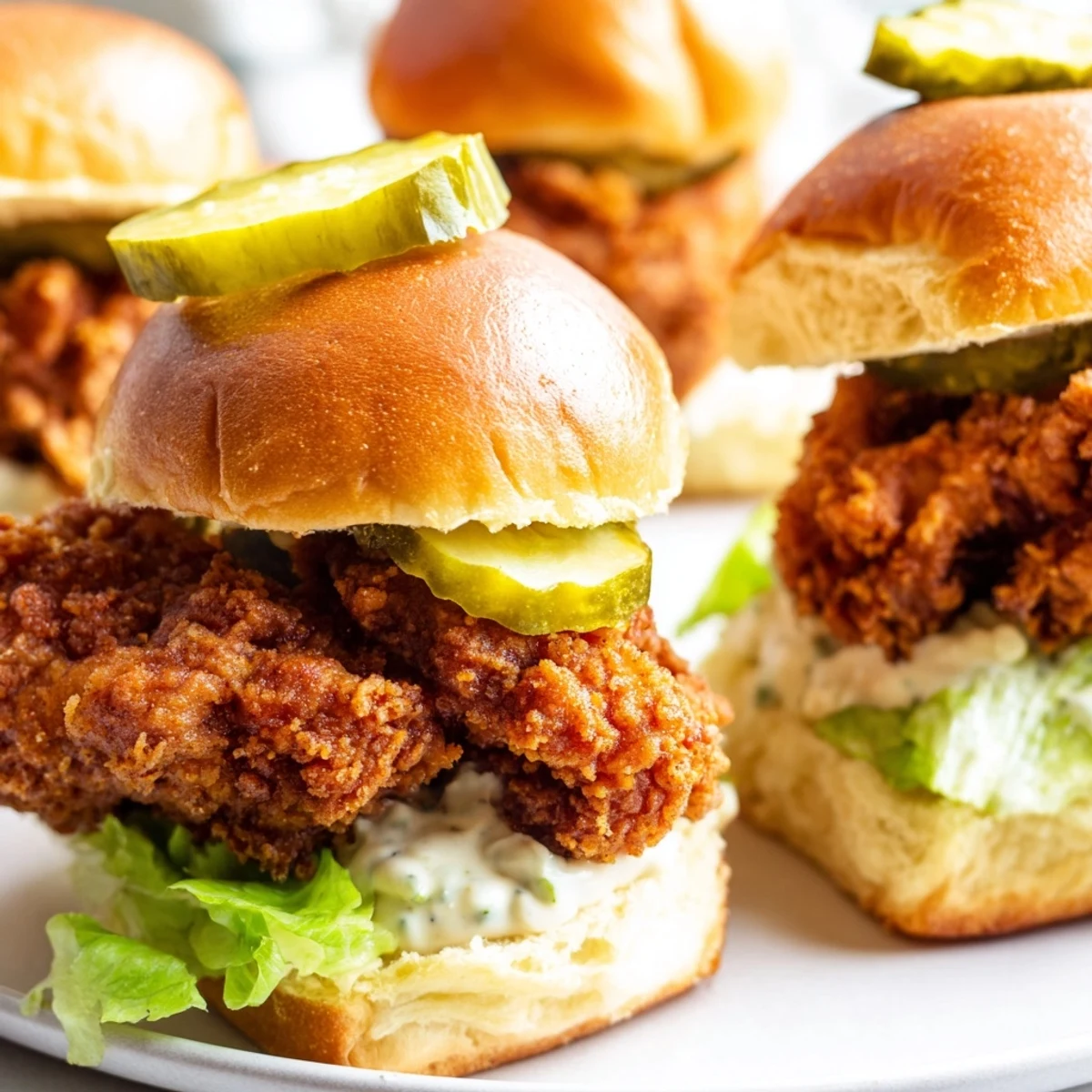 Juicy Pickle Brined Fried Chicken Sliders drizzled with tangy mustard mayo on toasted buns