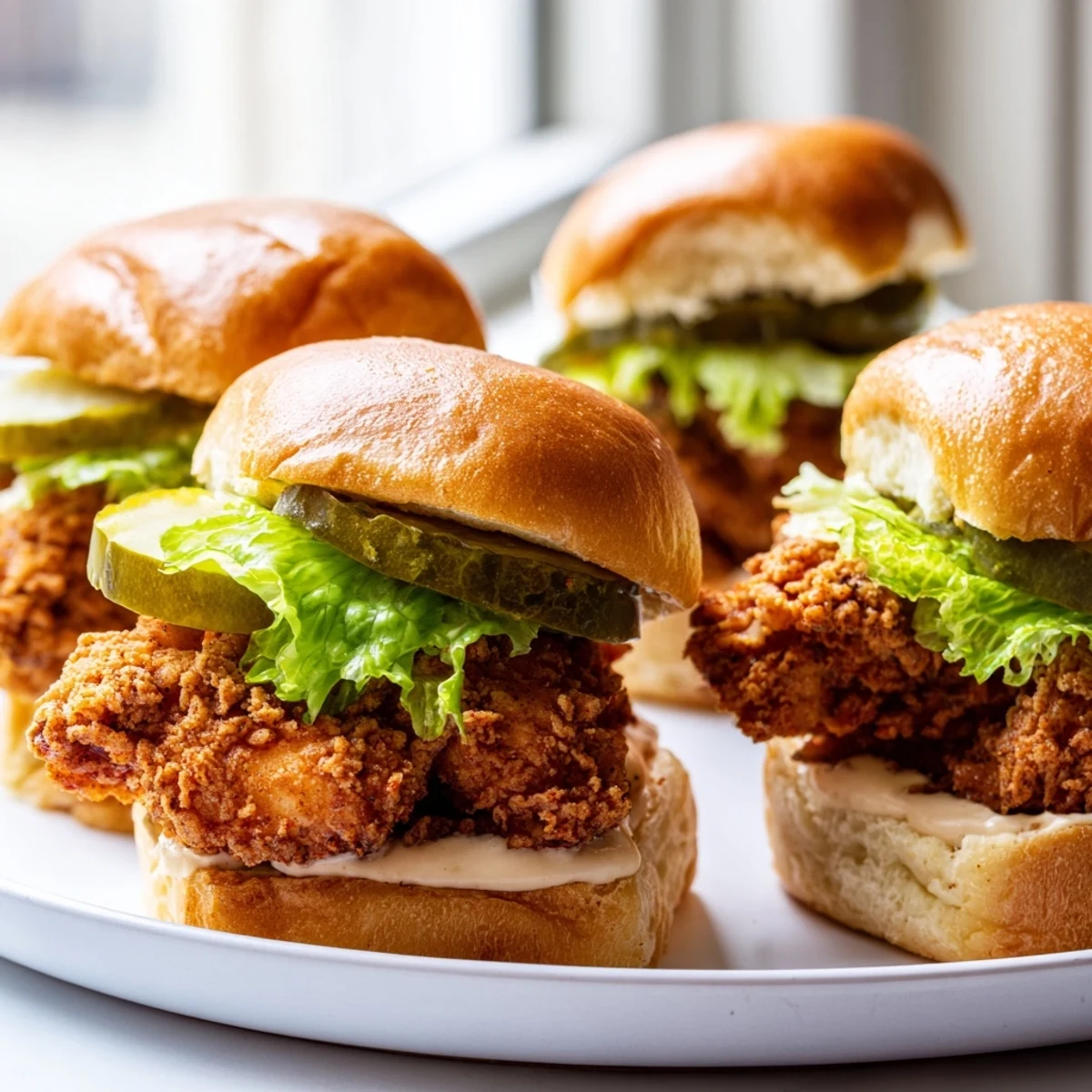 Close-up of Pickle Brined Fried Chicken Sliders with fresh lettuce and dill pickles
