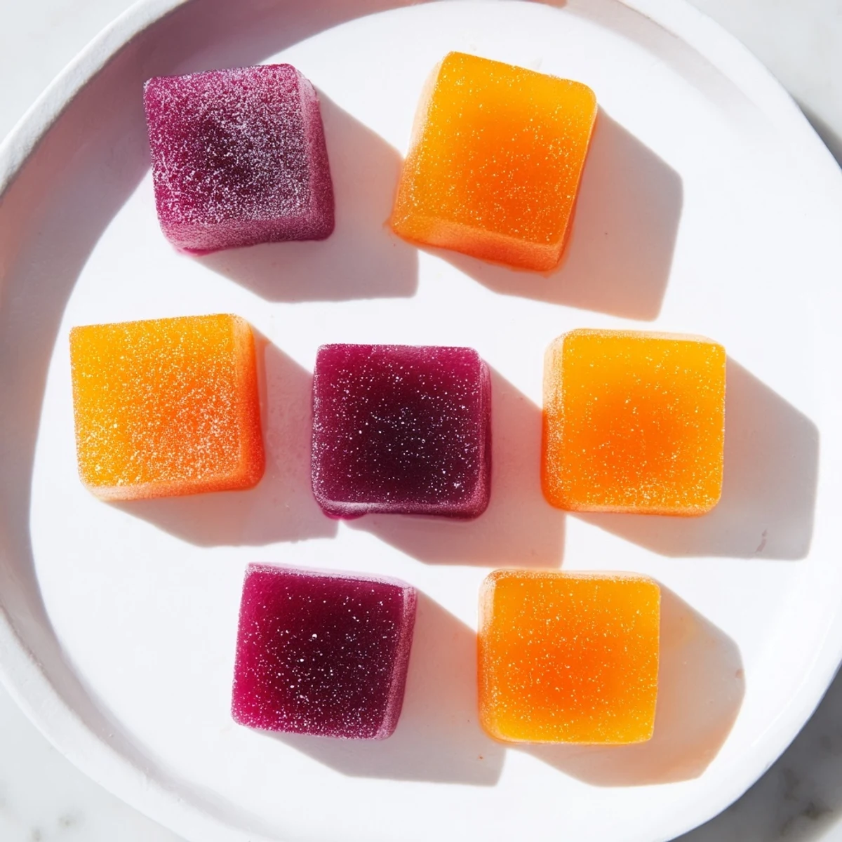 Vibrant collagen fruit jellies in assorted colors arranged on a rustic white plate