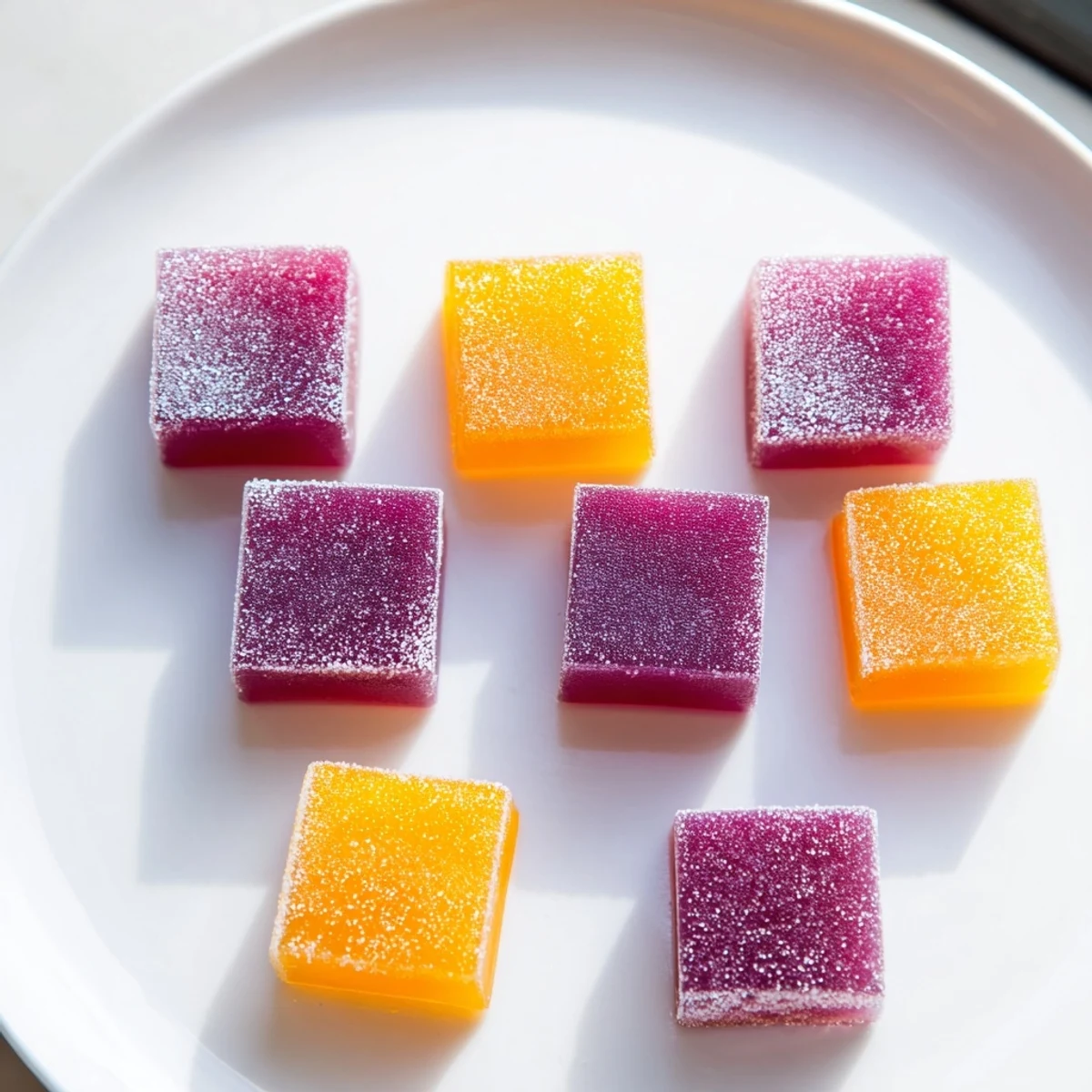 Translucent collagen fruit jellies cut into bite-sized cubes in a glass dish