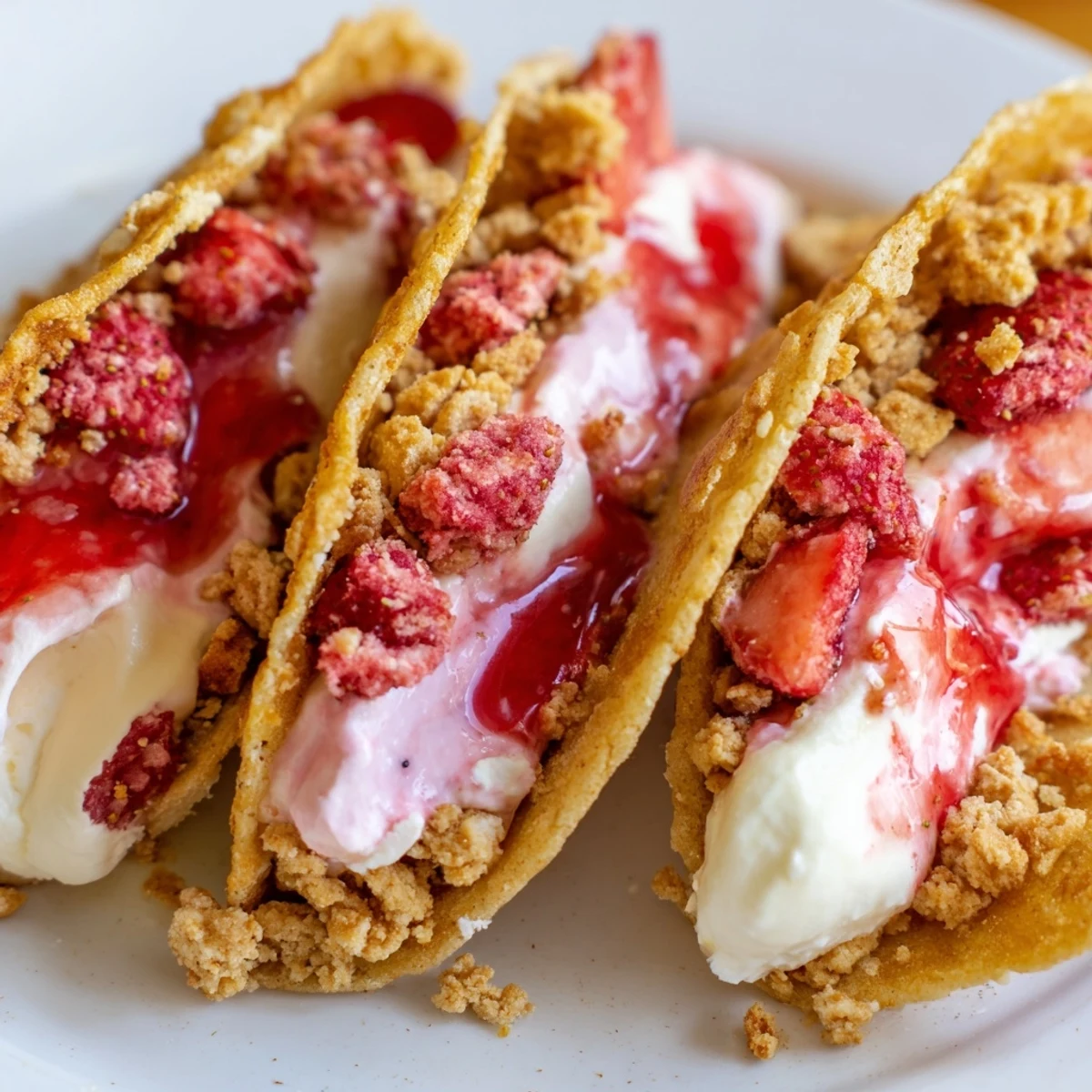 Crispy cinnamon-sugar taco shells filled with creamy strawberry crunch cheesecake tacos dessert