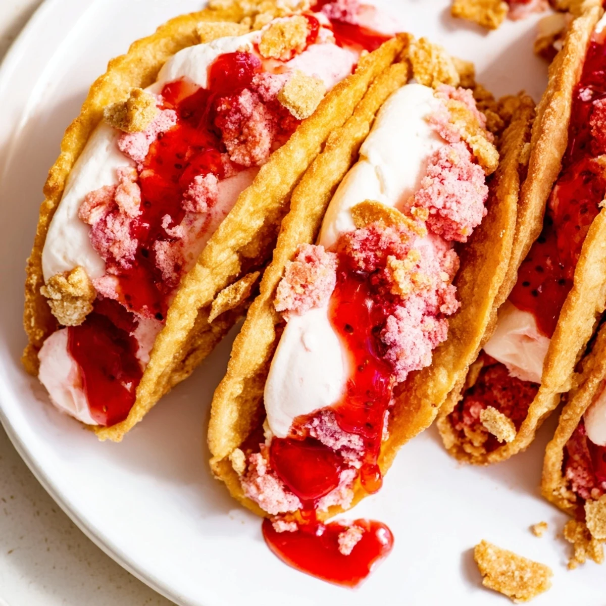 Golden strawberry crunch cheesecake tacos topped with crumbled cookies and bright berry drizzle