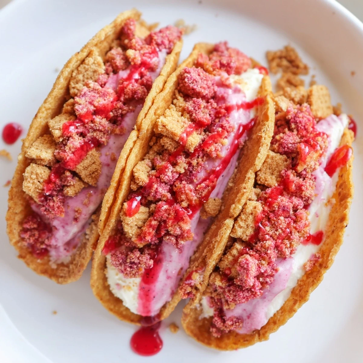 Creamy cheesecake filling bursting from crunchy strawberry crunch cheesecake tacos on a platter