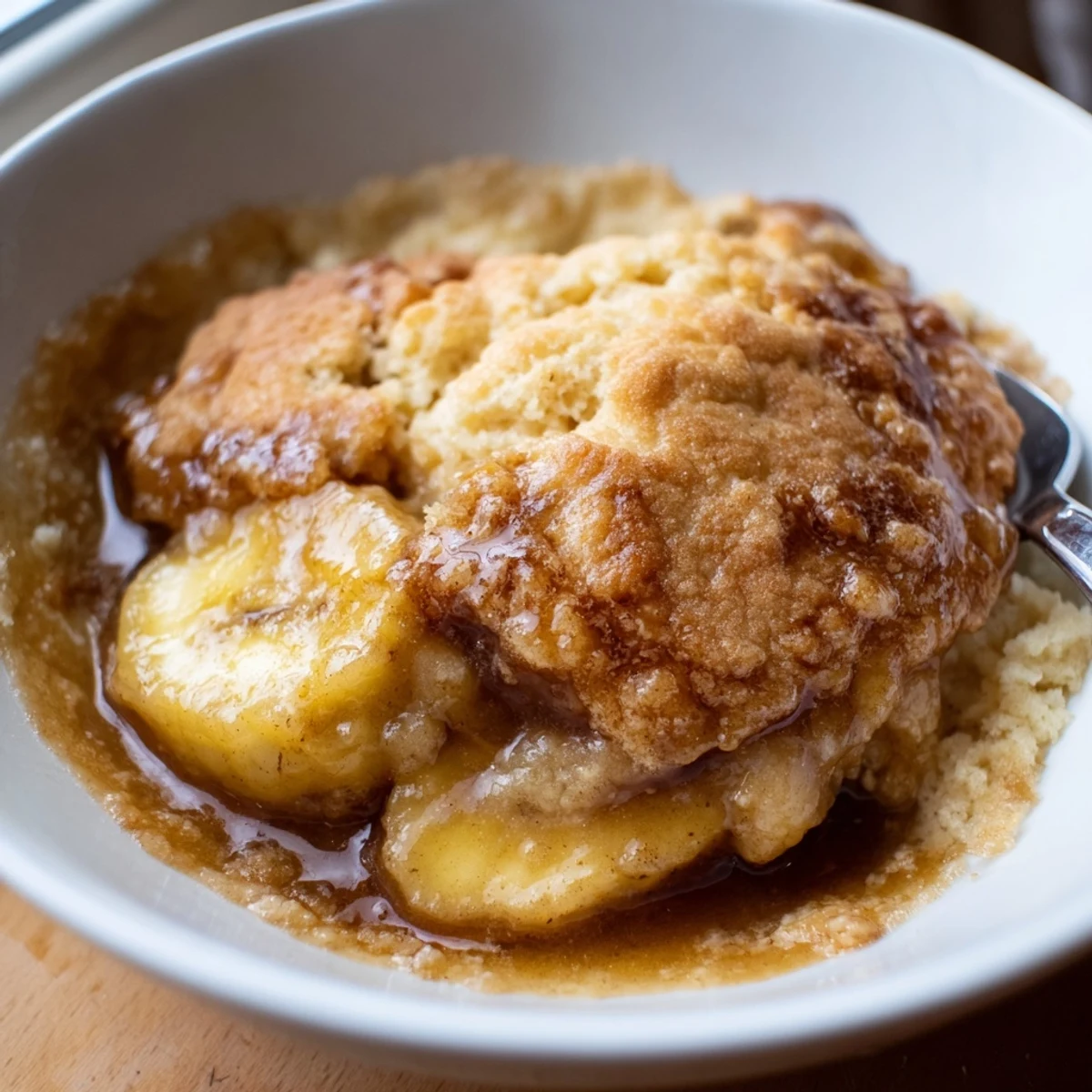 Golden Southern banana cobbler fresh from the oven with caramelized fruit bubbling beneath a buttery crust.
