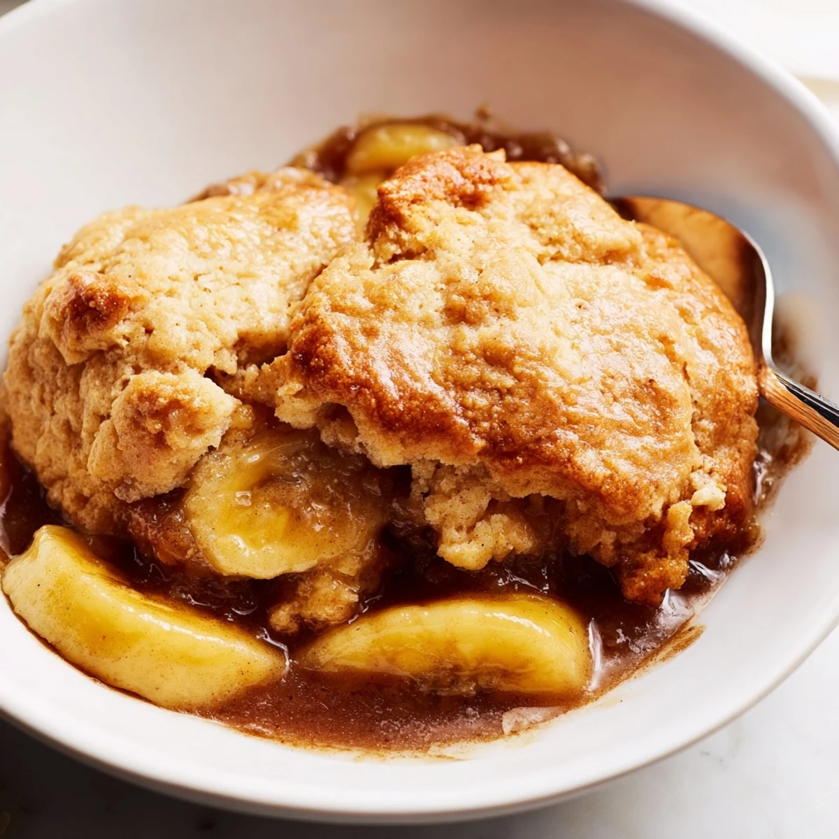 Warm Southern banana cobbler served in a rustic baking dish with a crisp golden topping.
