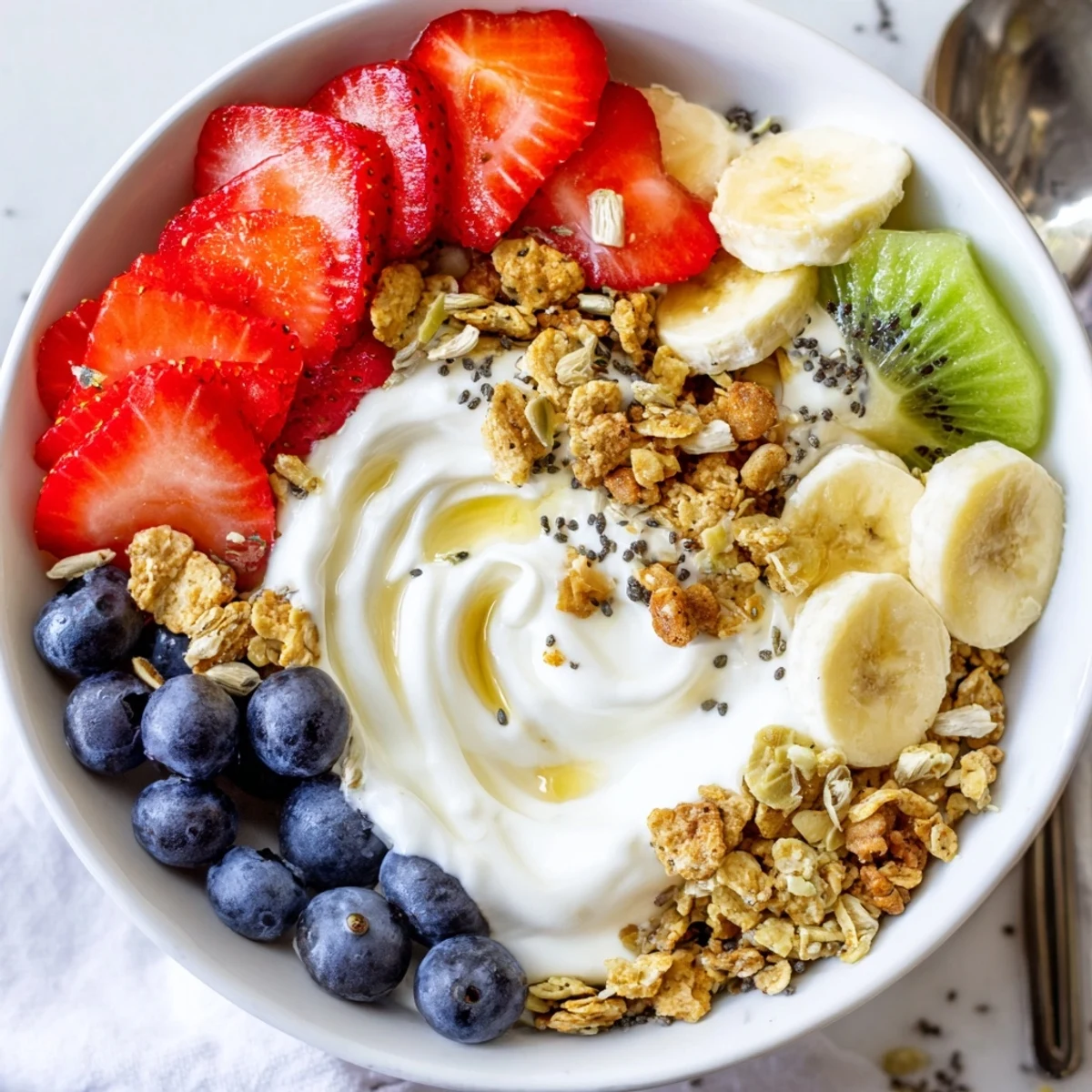 Creamy yogurt fruit bowl topped with fresh strawberries, blueberries, and crunchy granola