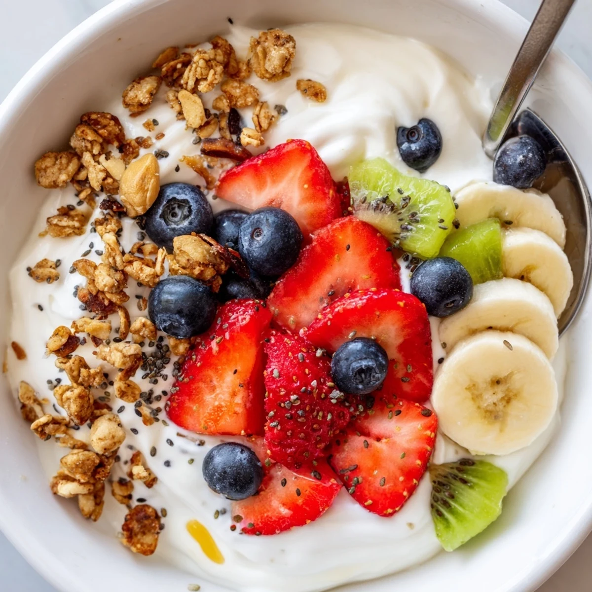 Vibrant yogurt fruit bowl featuring sliced banana, kiwi, and a sprinkle of chia seeds