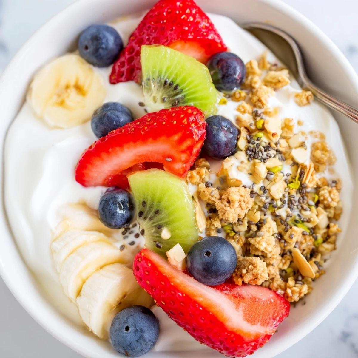 Golden honey-drizzled yogurt fruit bowl loaded with seasonal berries and toasted almond chunks