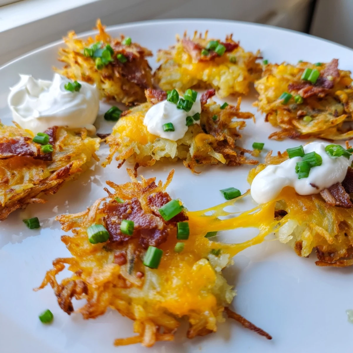 Crispy cheesy loaded hashbrown bites with melted cheddar and bacon on a platter