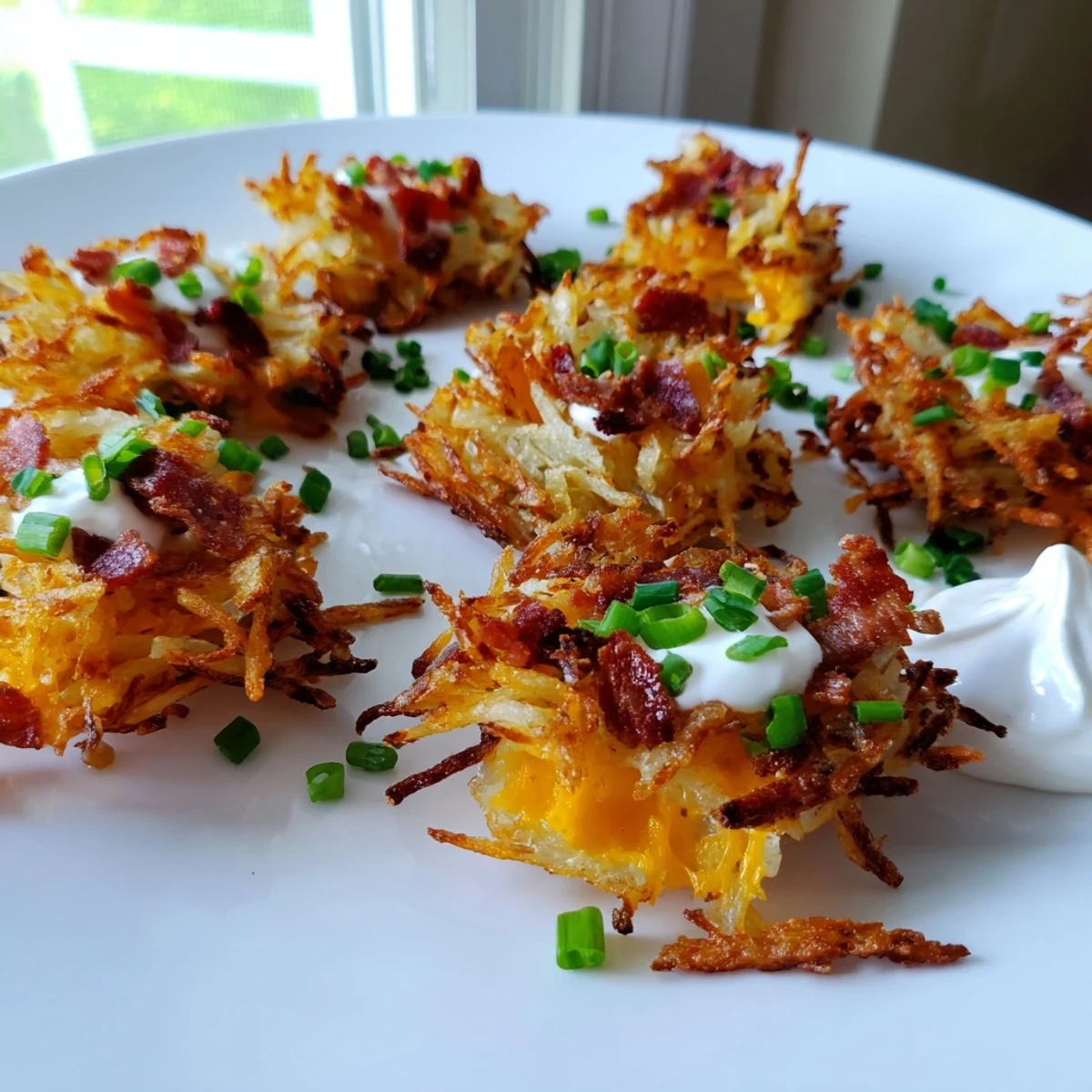 Golden cheesy loaded hashbrown bites fresh from the oven topped with green onions