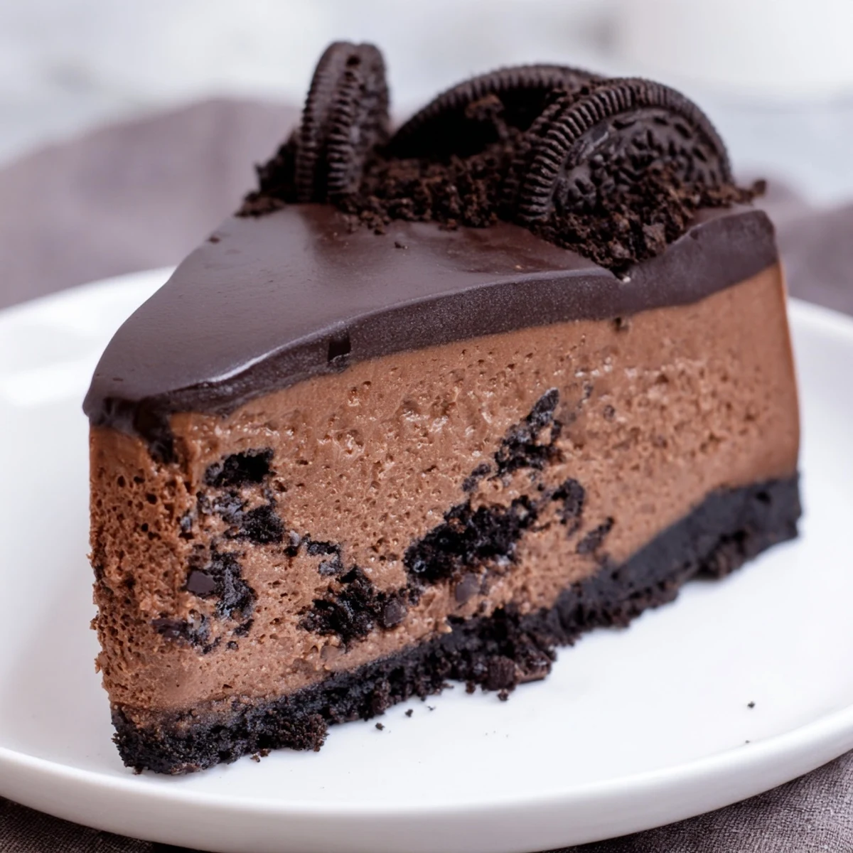 Creamy Oreo chocolate cheesecake with glossy ganache topping and cookie garnish