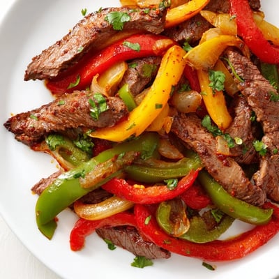 Sizzling Beef Fajita Skillet served with warm corn tortillas, lime wedges, and fresh cilantro garnish.