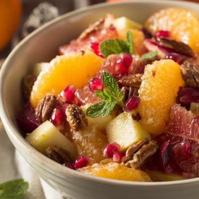 A large bowl of Winter Fruit Salad with crisp apples, juicy oranges, and chopped walnuts, served chilled.