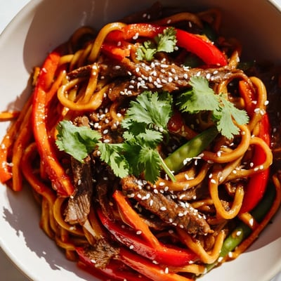 A serving bowl of Spicy Beef Noodles garnished with sesame seeds and cilantro, perfect for a quick weeknight Asian fusion dinner. 