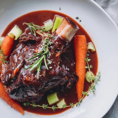 Slow Cooked Beef Shank with Rosemary and Thyme served over creamy mashed potatoes with rich gravy.