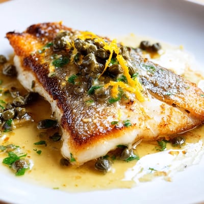 Tender, flaky sea bass with lemon caper sauce spooned over steamed asparagus and potatoes.