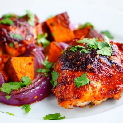 A fresh lemon wedge and chopped cilantro garnish this vibrant, spicy-sweet North African-inspired roasted chicken dinner.