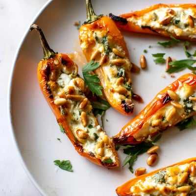 Close-up of creamy goat cheese stuffed mini peppers with blistered skins and toasted pine nuts