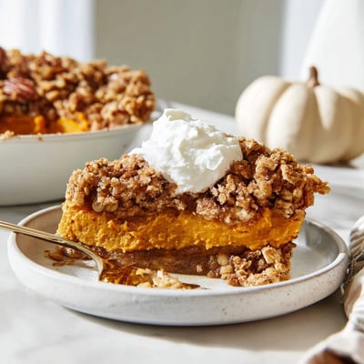 Creamy cinnamon-spiced pumpkin pie crisp served with a dollop of whipped cream