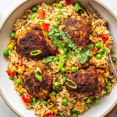 Golden jerk-seasoned chicken thighs nestled in fluffy coconut rice with peas