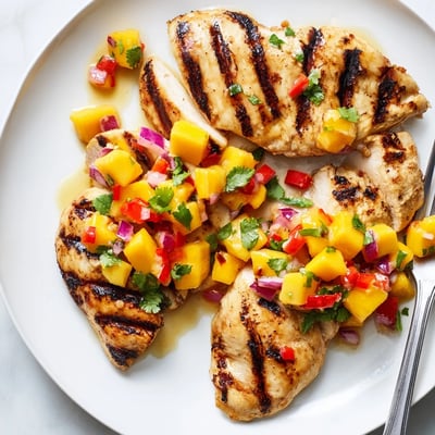 Grilled honey lime chicken topped with colorful fresh mango salsa close-up