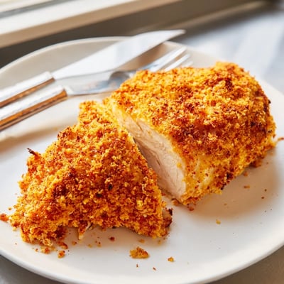 Juicy Paprika Parmesan Chicken with a spiced crust served alongside roasted vegetables