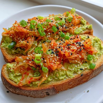 Creamy mashed avocado and spicy kimchi layered on golden toasted sourdough bread