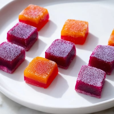 Glossy collagen fruit jellies dusted with cornstarch in fun silicone mold shapes