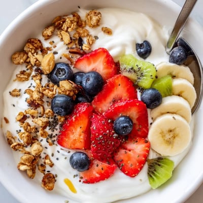 Vibrant yogurt fruit bowl featuring sliced banana, kiwi, and a sprinkle of chia seeds
