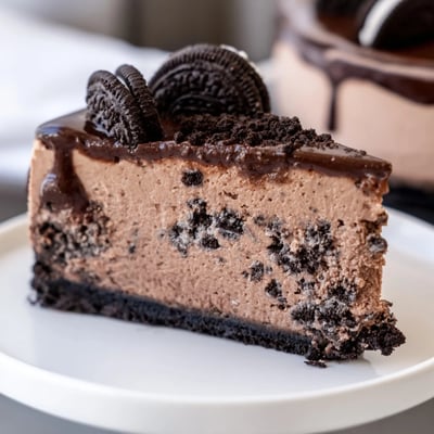 Rich chocolate Oreo cheesecake slice revealing creamy filling and Oreo crust